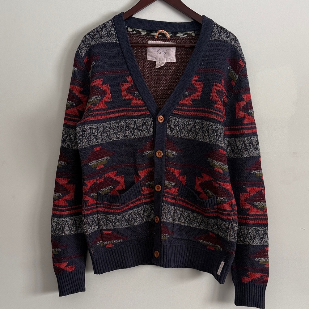 Koto Women’s or Men's Navy and Red Patterned Wool-blend Cardigan